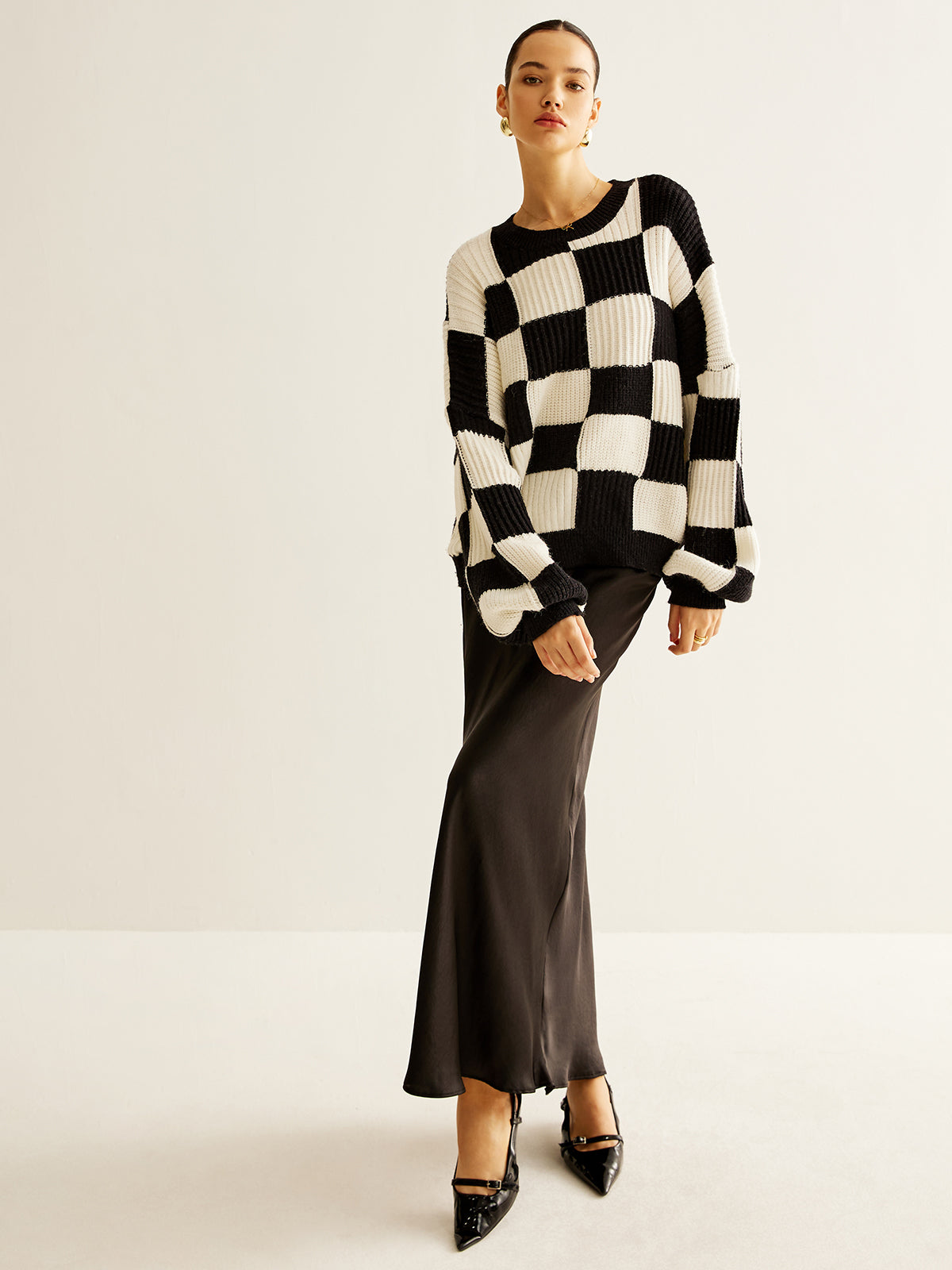 Color Block Checkerboard Sweater-Chicvia
