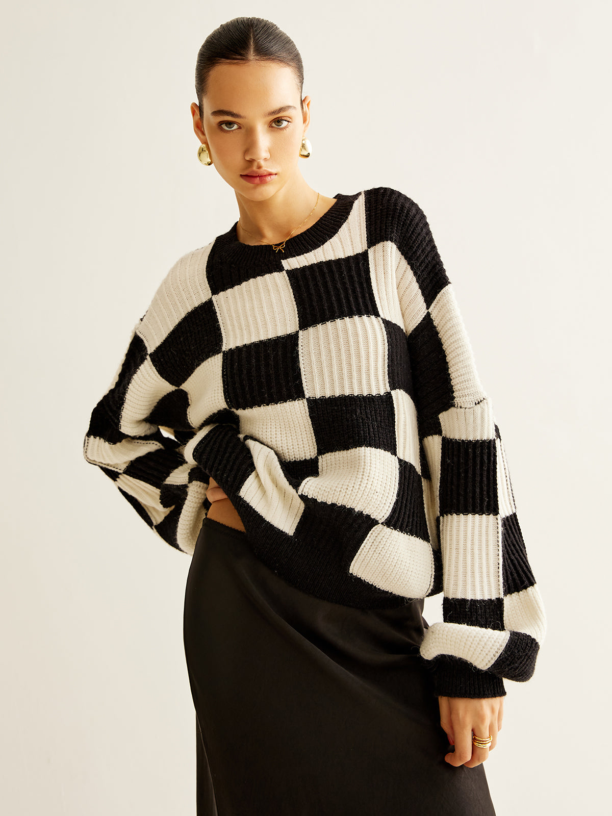 Color Block Checkerboard Sweater-Chicvia