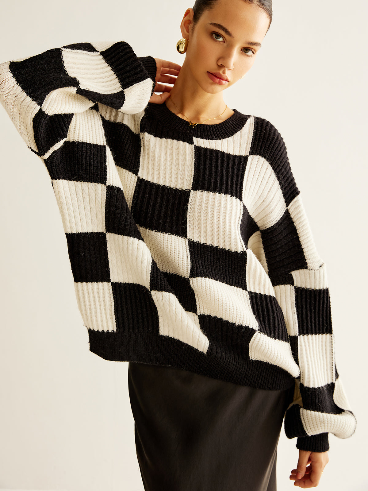 Color Block Checkerboard Sweater-Chicvia