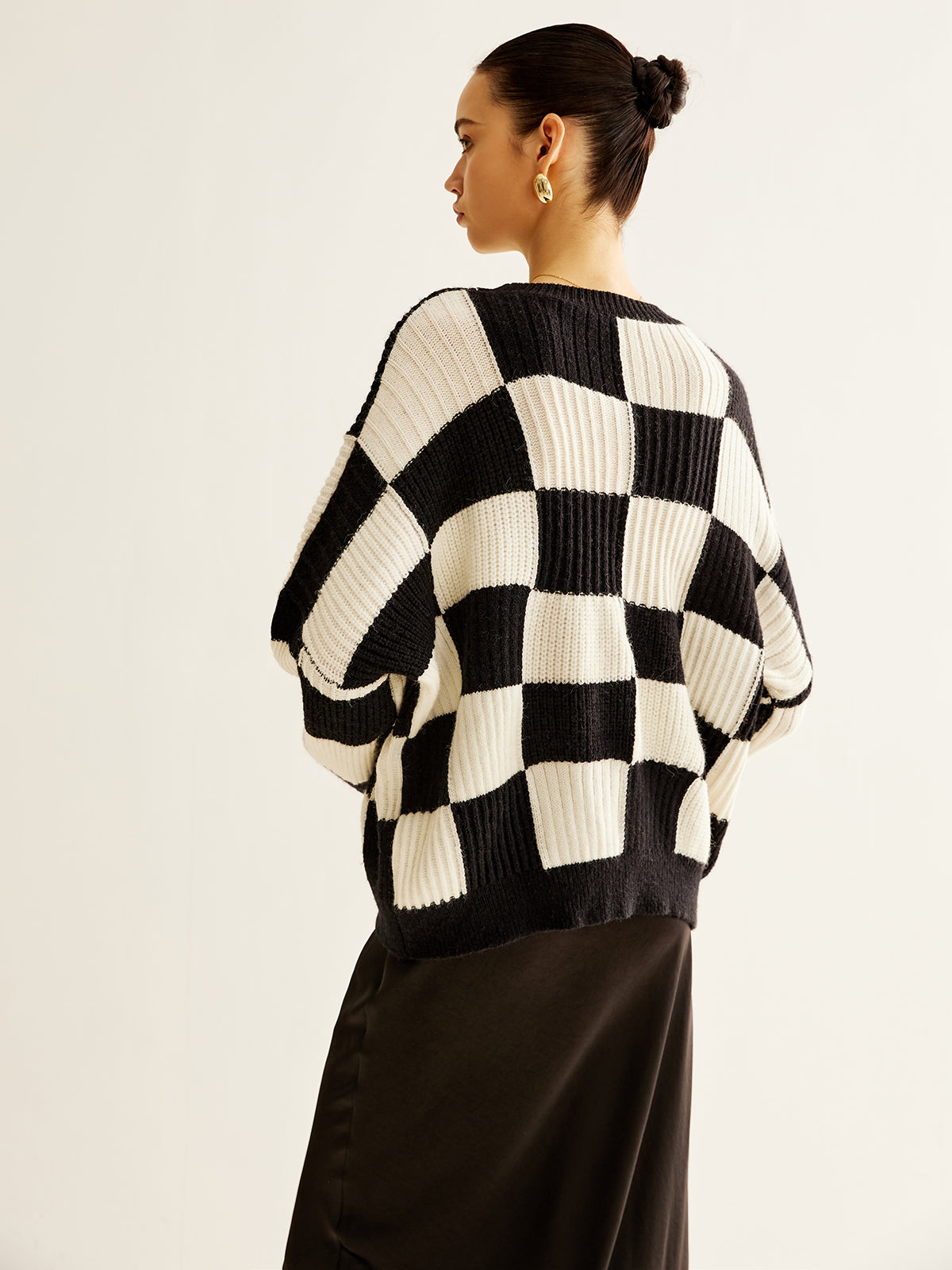 Color Block Checkerboard Sweater-Chicvia