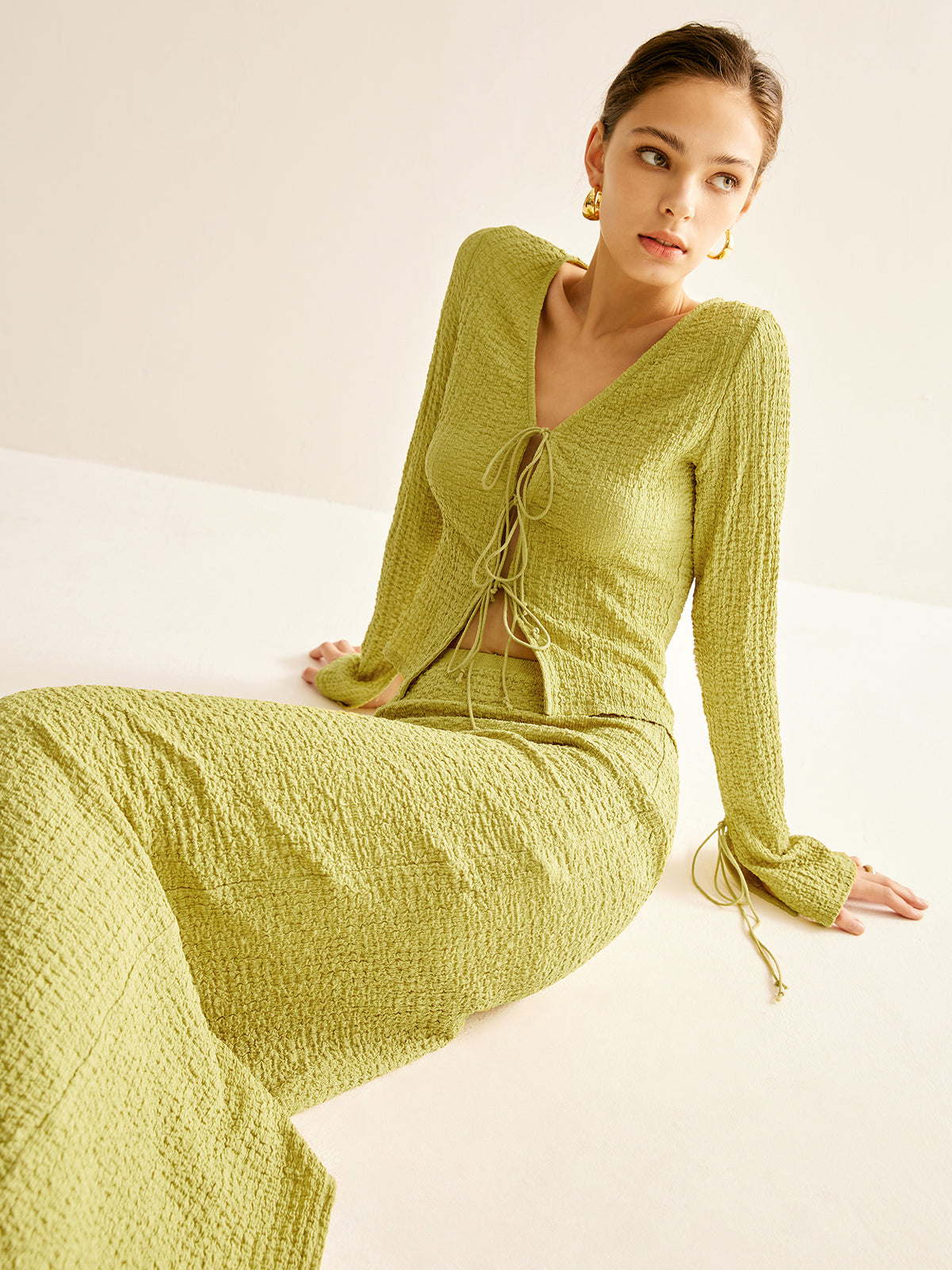 Plain V-Neck Lace Up Skirt Set-Chicvia