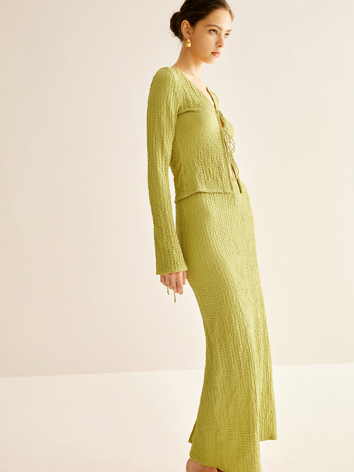 Plain V-Neck Lace Up Skirt Set-Chicvia