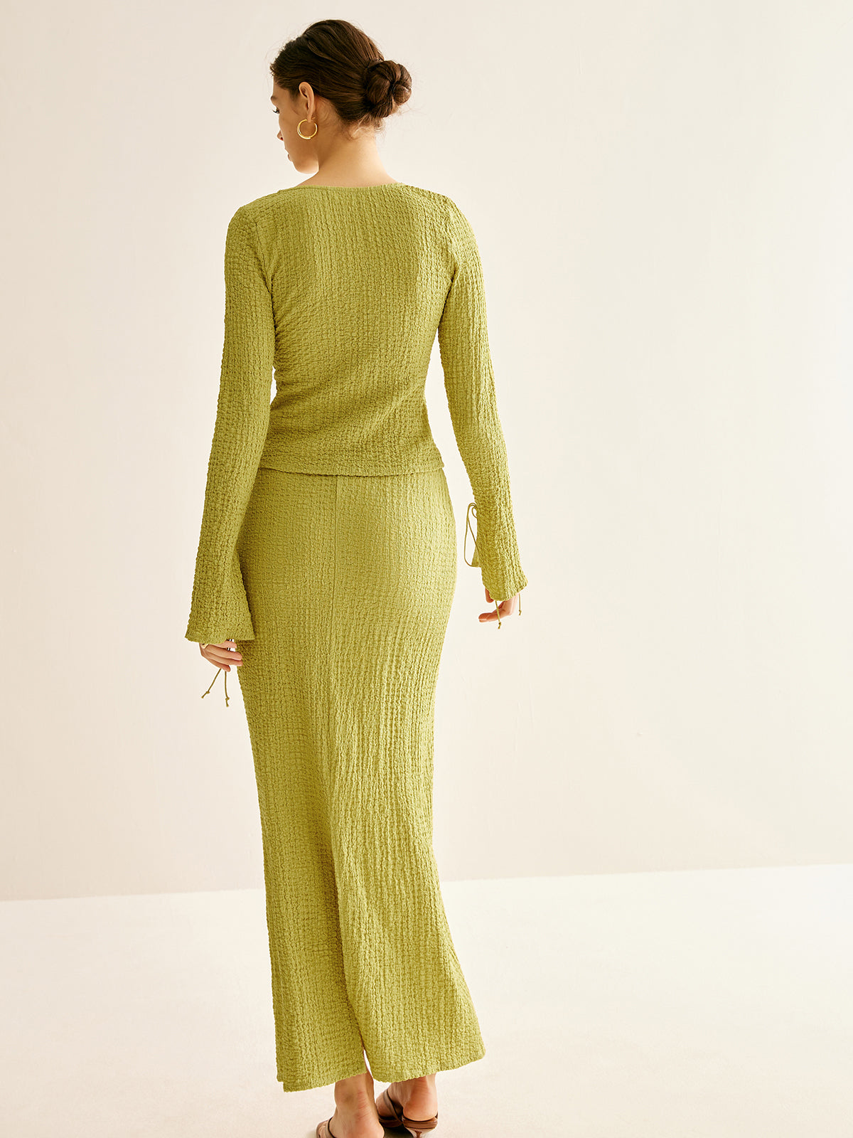 Plain V-Neck Lace Up Skirt Set-Chicvia