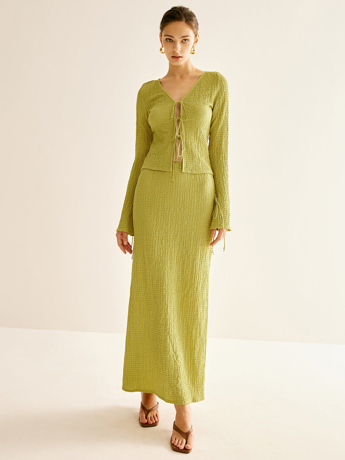 Plain V-Neck Lace Up Skirt Set-Chicvia