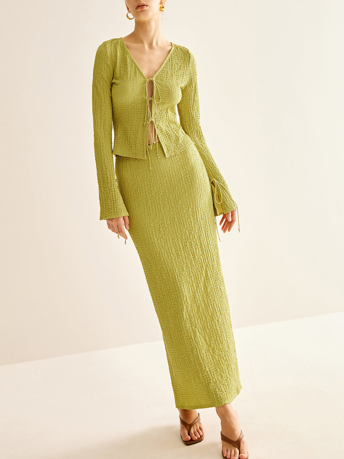 Plain V-Neck Lace Up Skirt Set-Chicvia