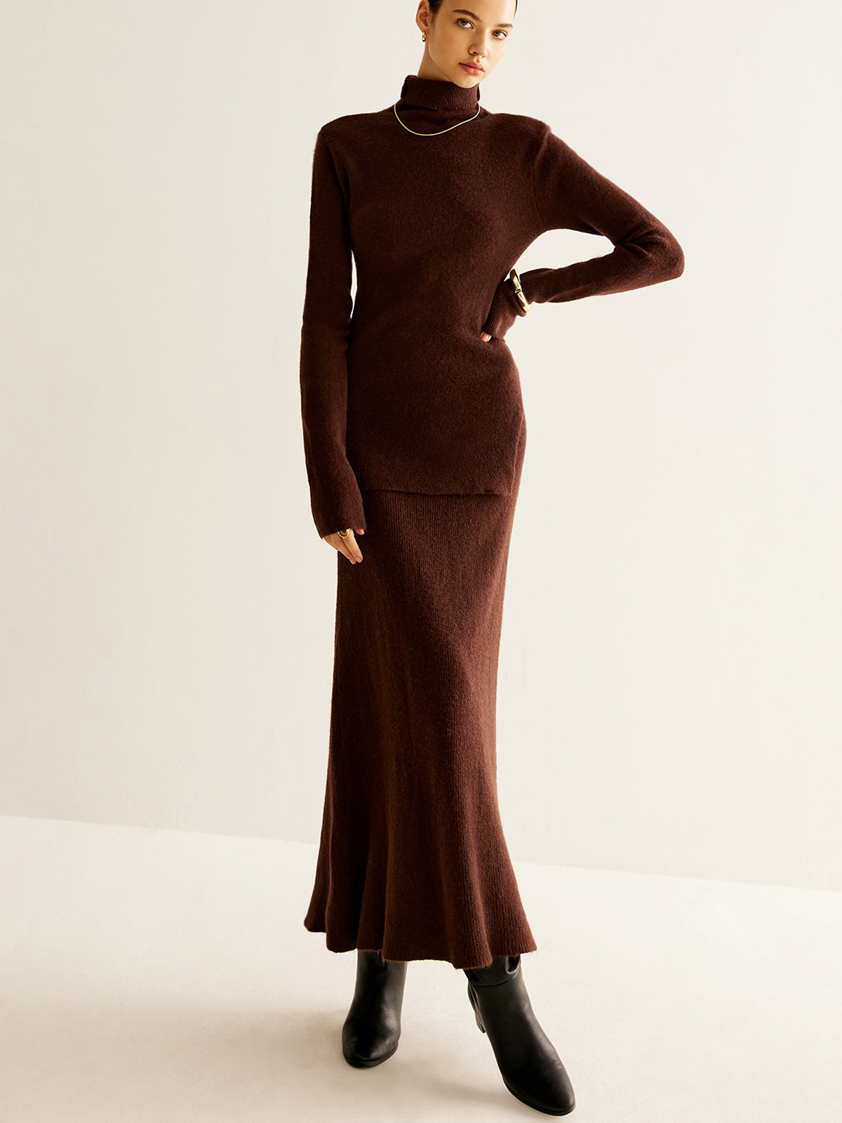 Plain Turtleneck Ribbed Soft Skirt Set-Chicvia