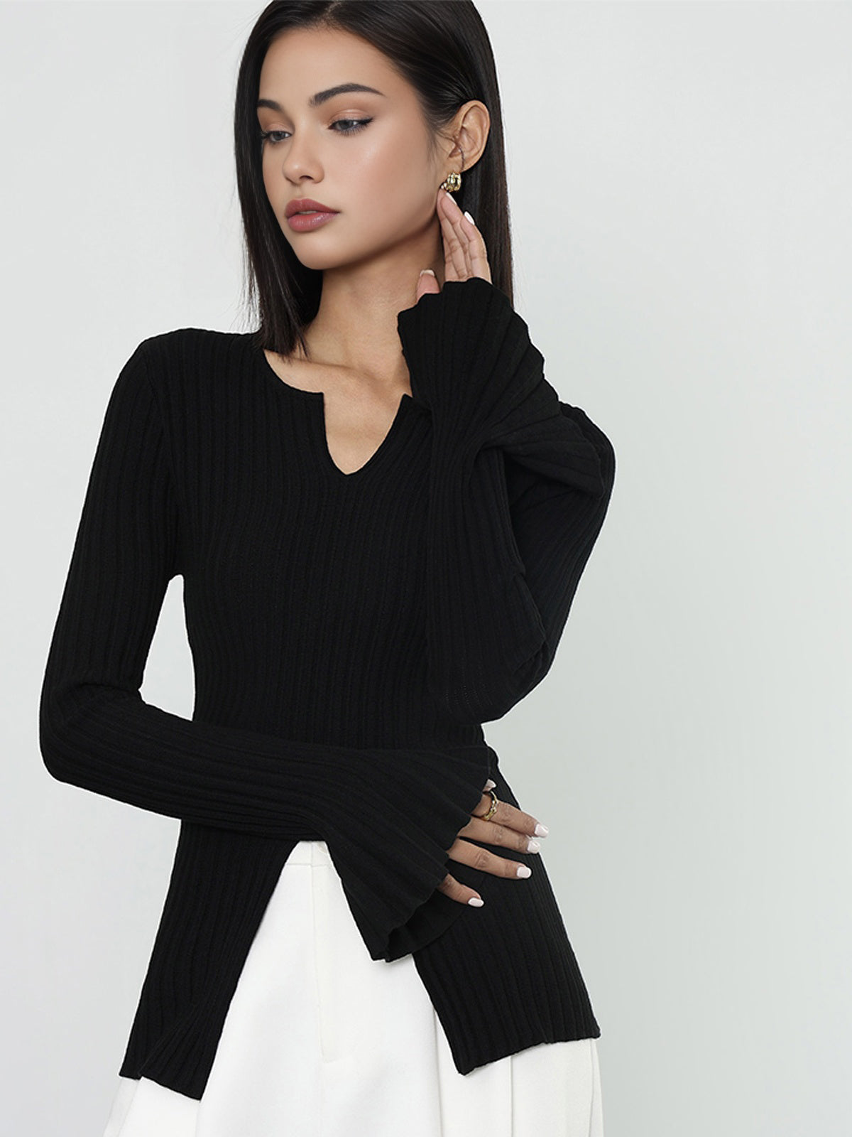 Ribbed Split Ruffle Knit Top-Chicvia