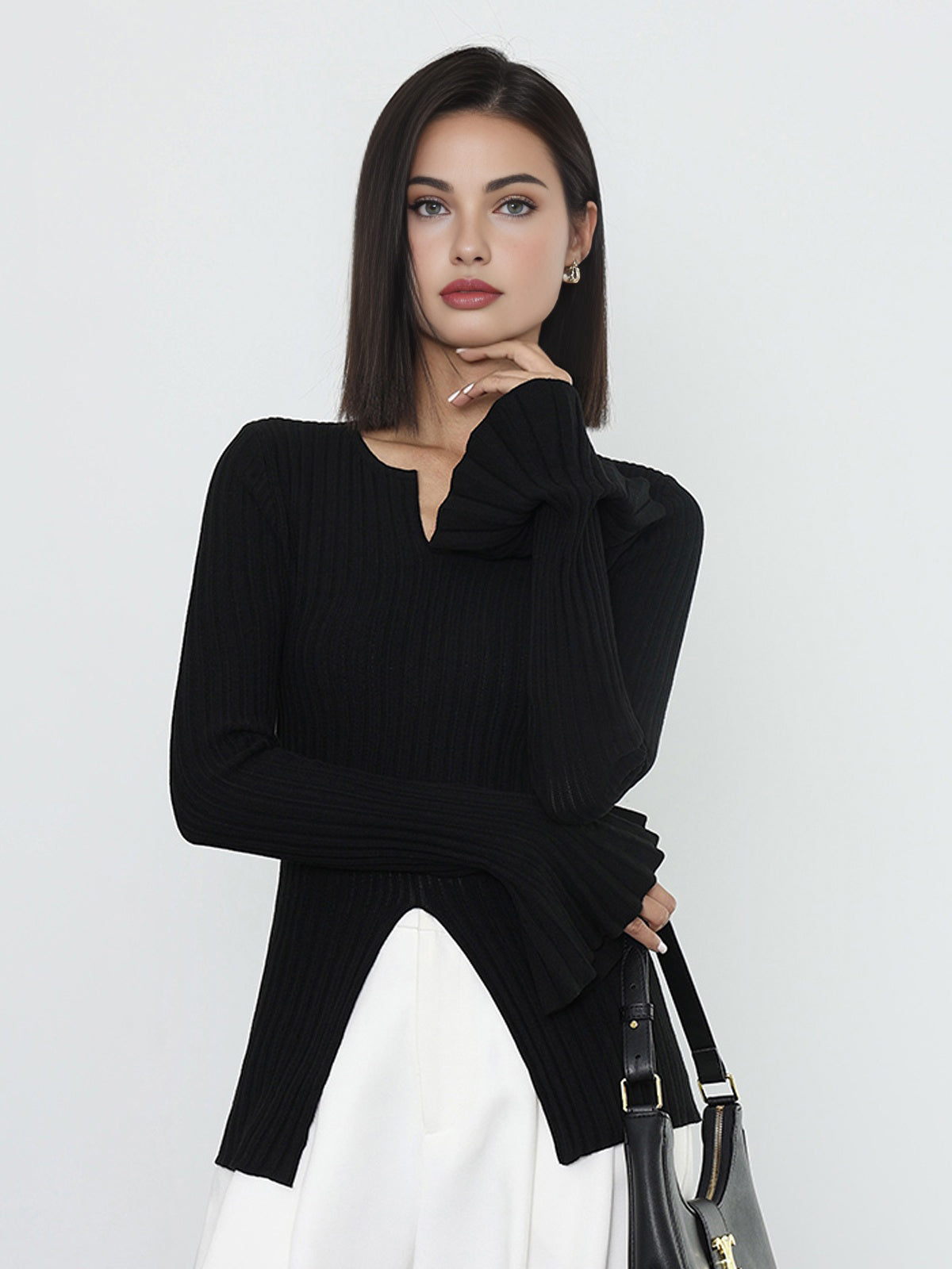 Ribbed Split Ruffle Knit Top-Chicvia