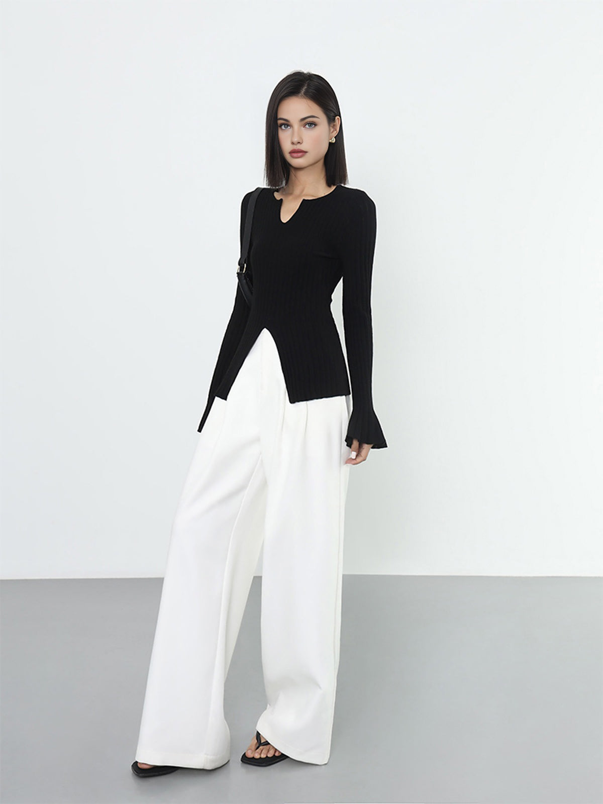 Ribbed Split Ruffle Knit Top-Chicvia