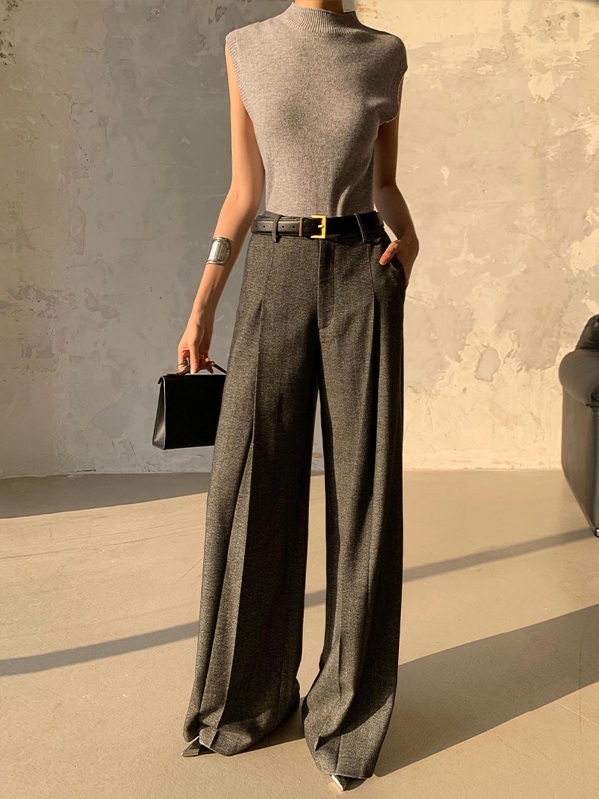 High Waist Pleated Pants Without Belt-Chicvia