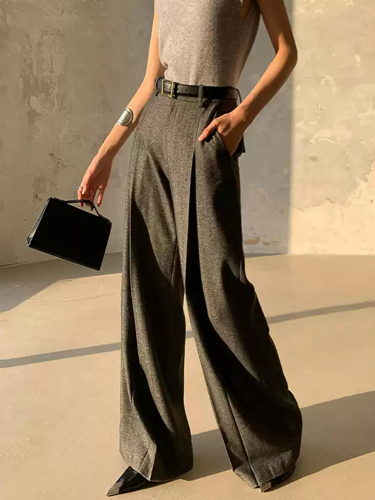 High Waist Pleated Pants Without Belt-Chicvia