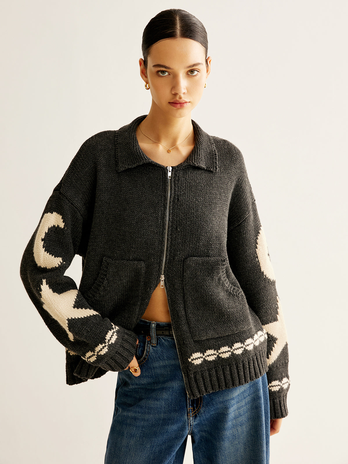 Double-Zip Pockets Lapel Cardigan-Chicvia