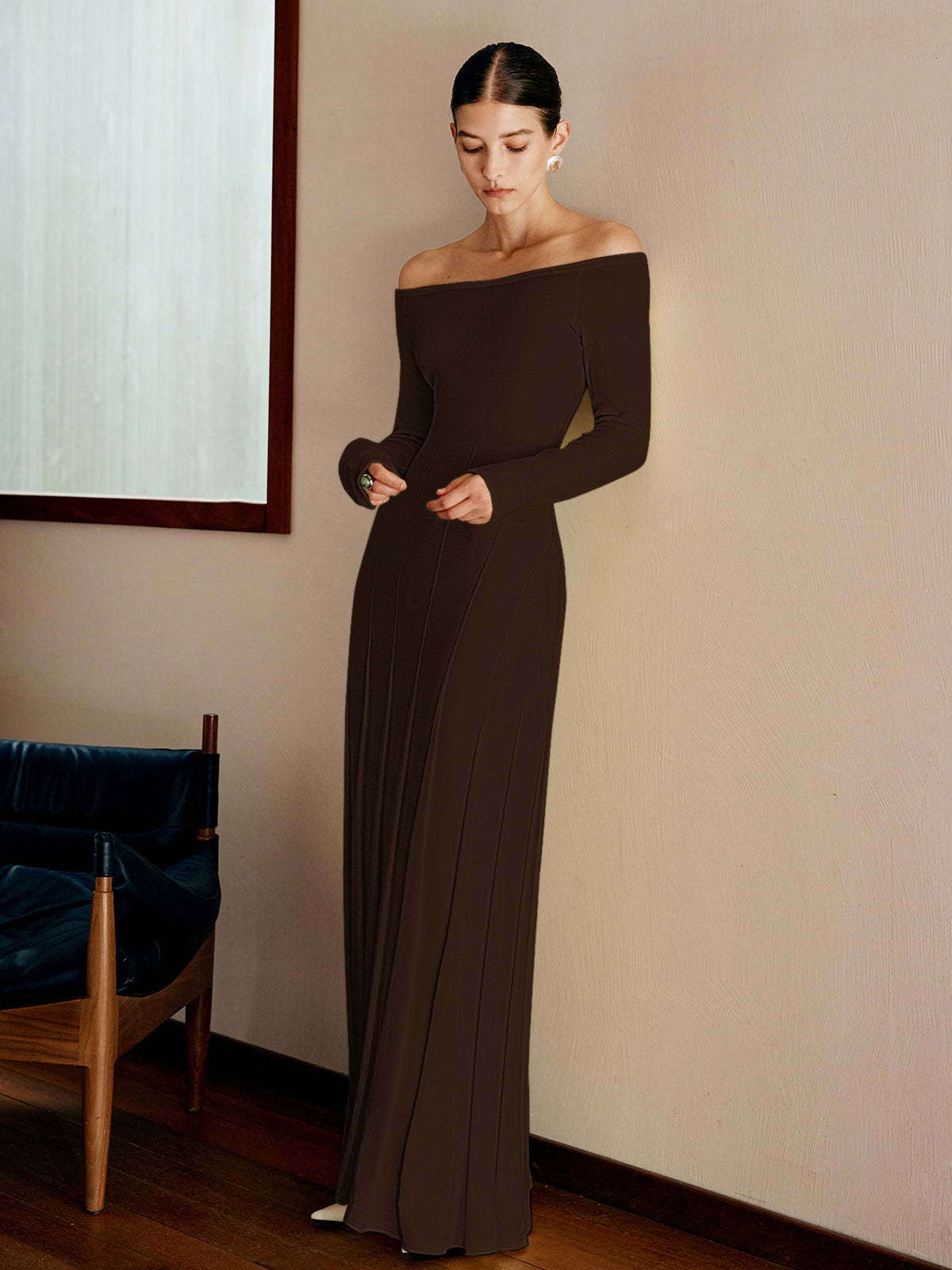 Off Shoulder Pleated  Sweater Dress-Chicvia