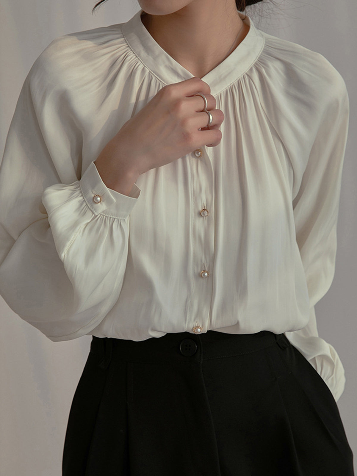 Pleated Collar Pearl Button Shirt-Chicvia