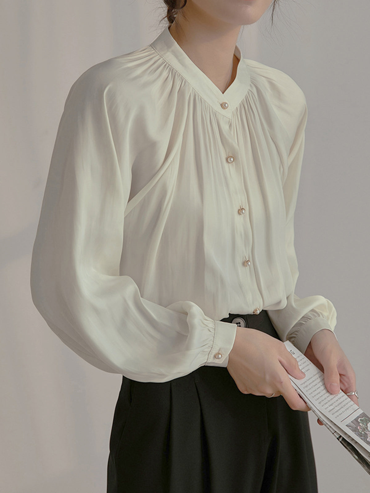 Pleated Collar Pearl Button Shirt-Chicvia