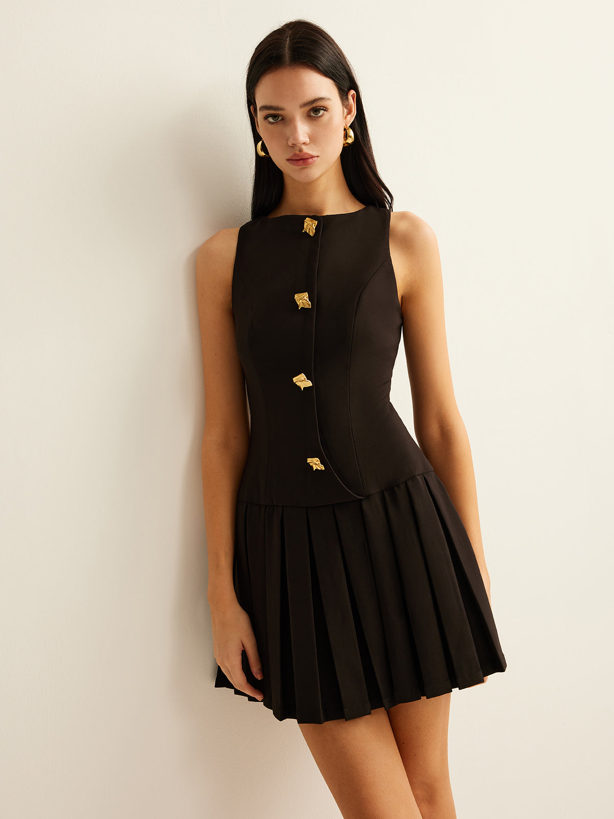 Metal-Button Pleated Tank Dress-Chicvia