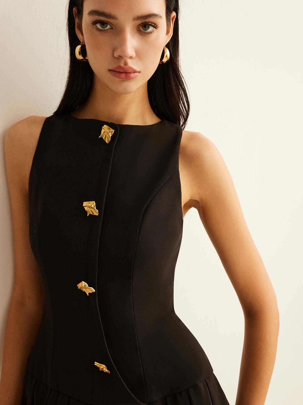 Metal-Button Pleated Tank Dress-Chicvia