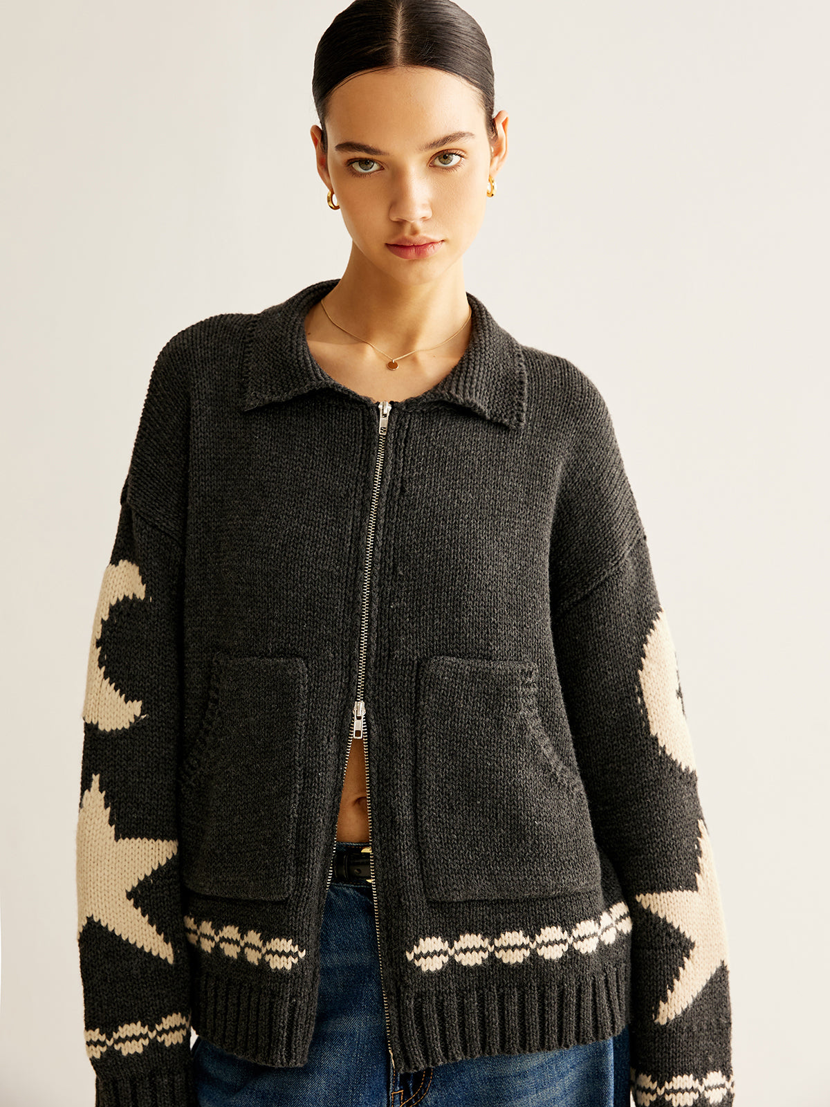 Double-Zip Pockets Lapel Cardigan-Chicvia