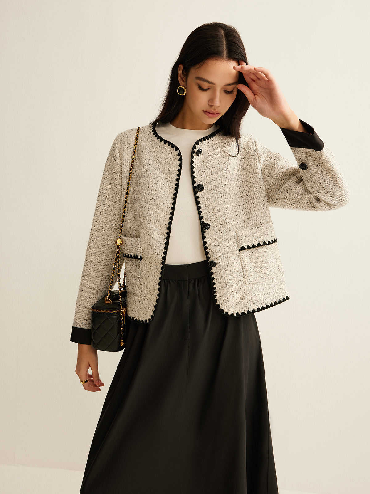 Embroidered Trim Tweed Short Jacket-Chicvia