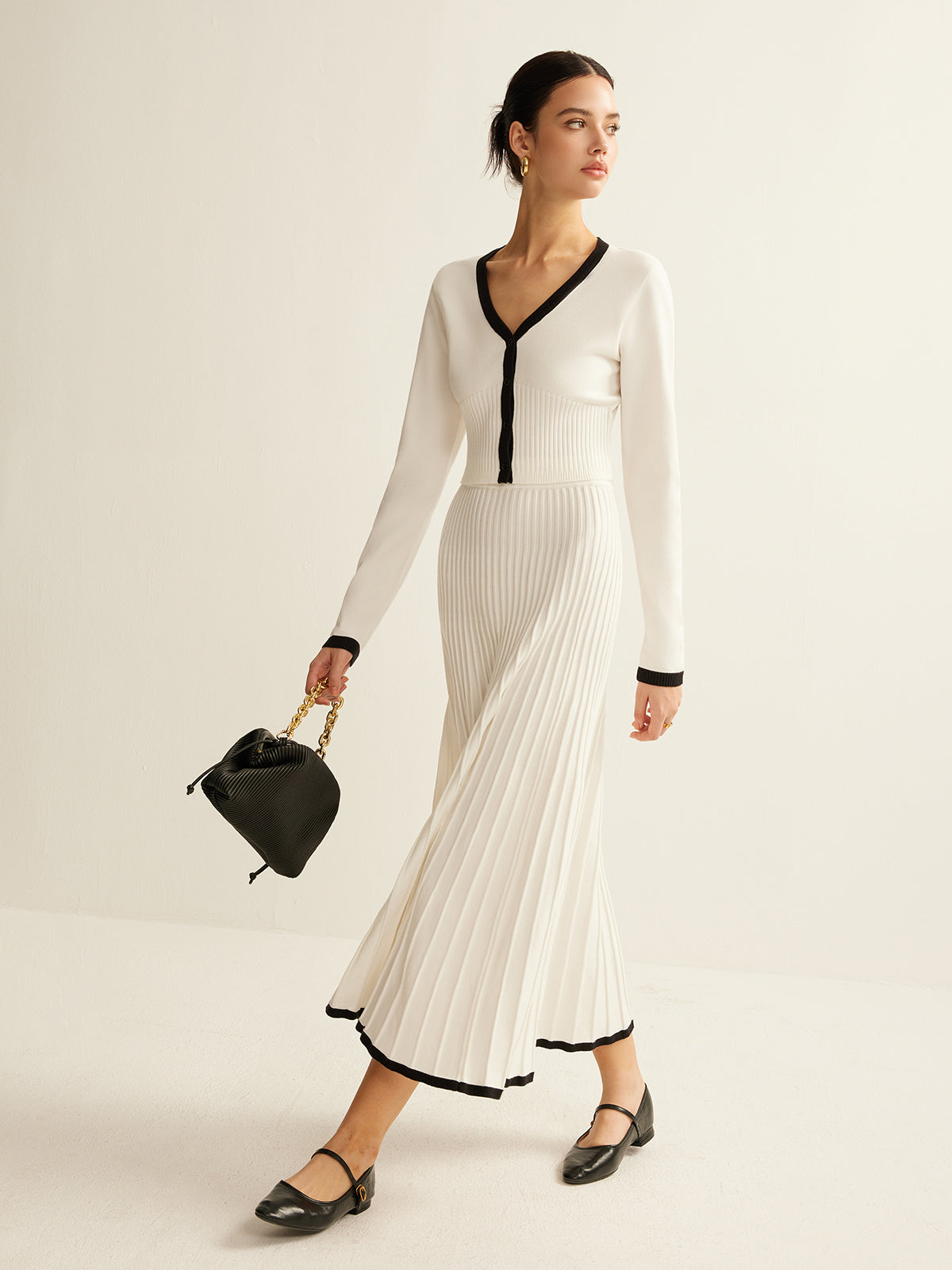 Contrast Trim Pleated Knit Skirt Set-Chicvia