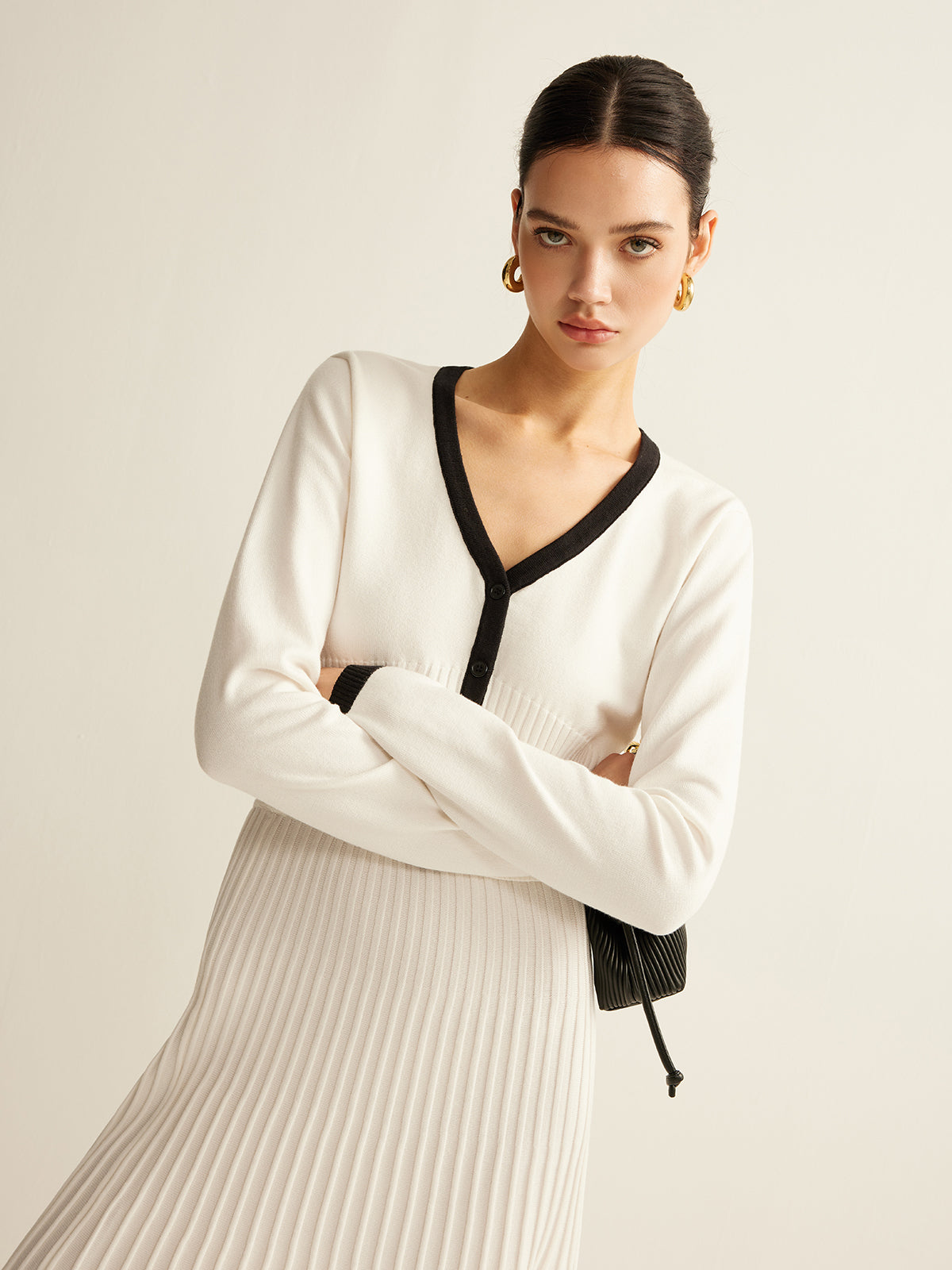 Contrast Trim Pleated Knit Skirt Set-Chicvia