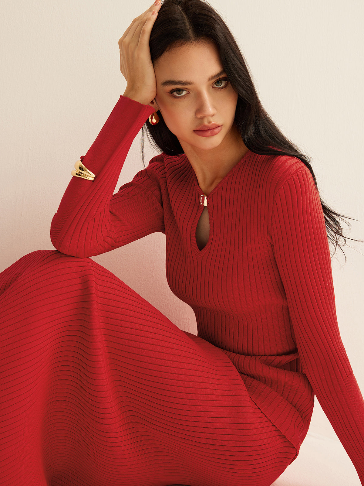 Keyhole Neckline Knit Skirt Set-Chicvia