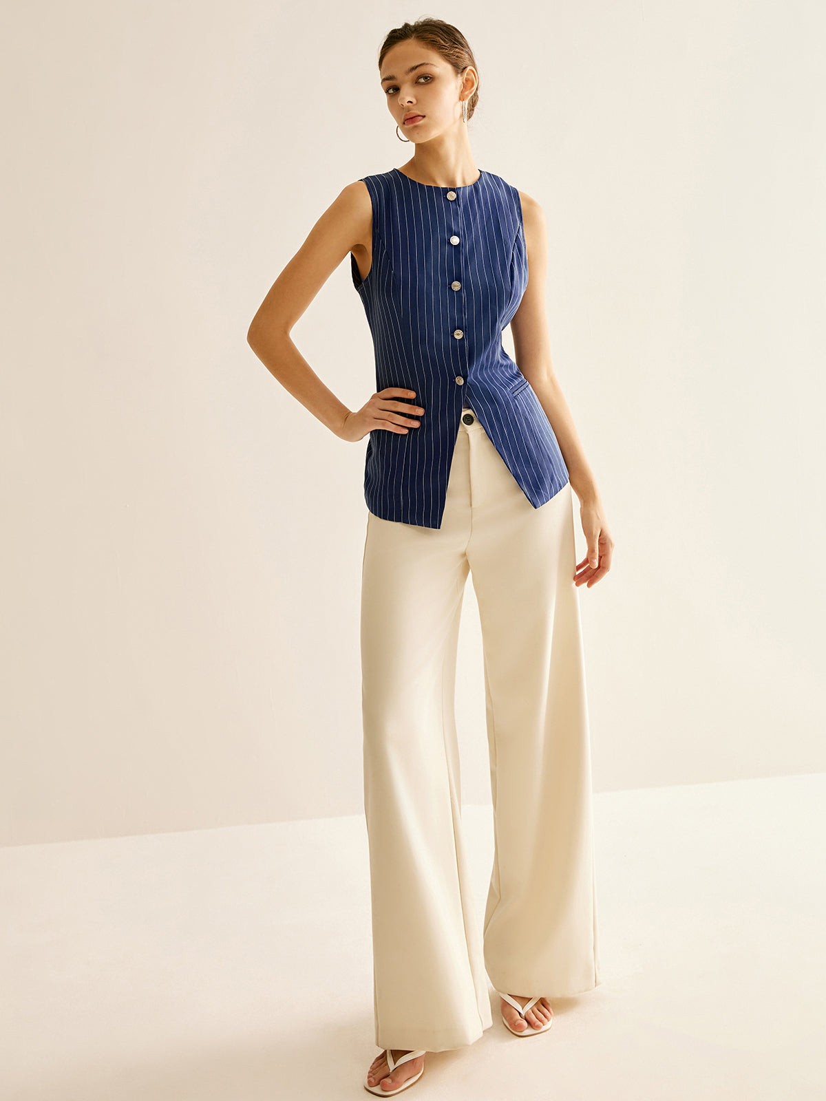 Pinstripe Button Sleeveless Shirt-Chicvia