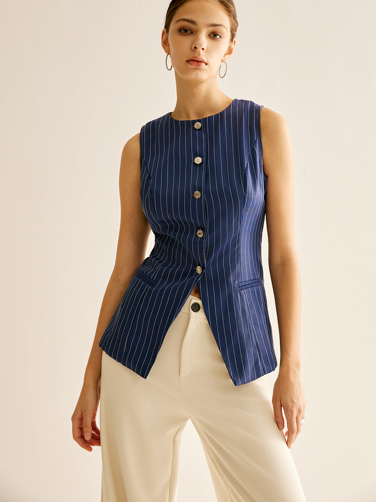 Pinstripe Button Sleeveless Shirt-Chicvia