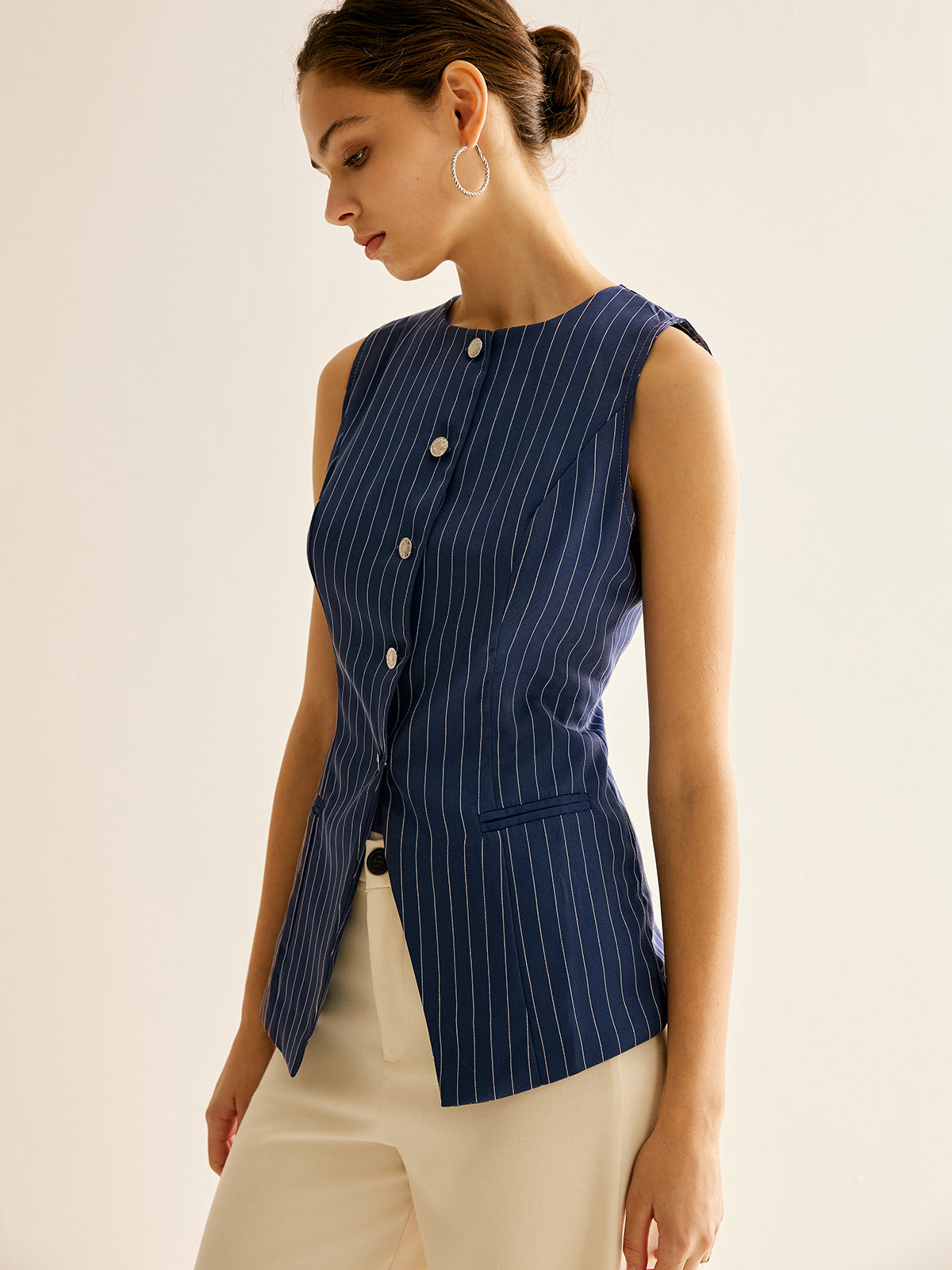 Pinstripe Button Sleeveless Shirt-Chicvia