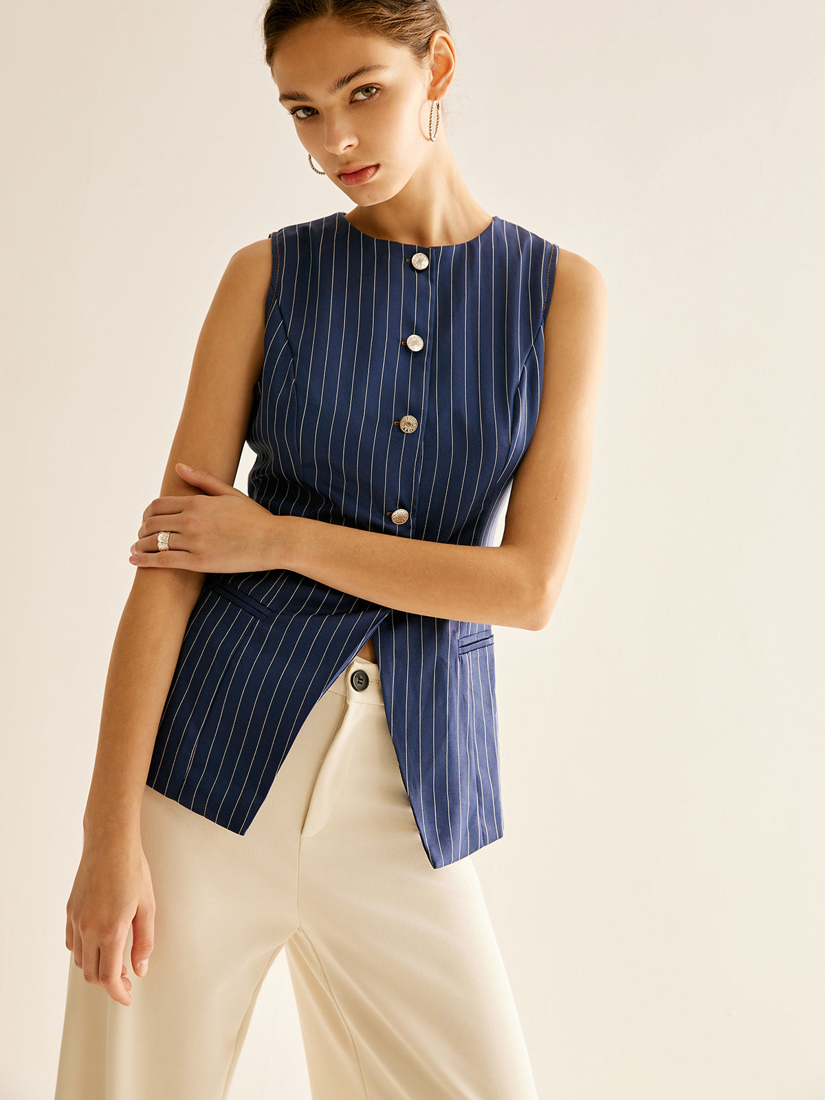 Pinstripe Button Sleeveless Shirt-Chicvia