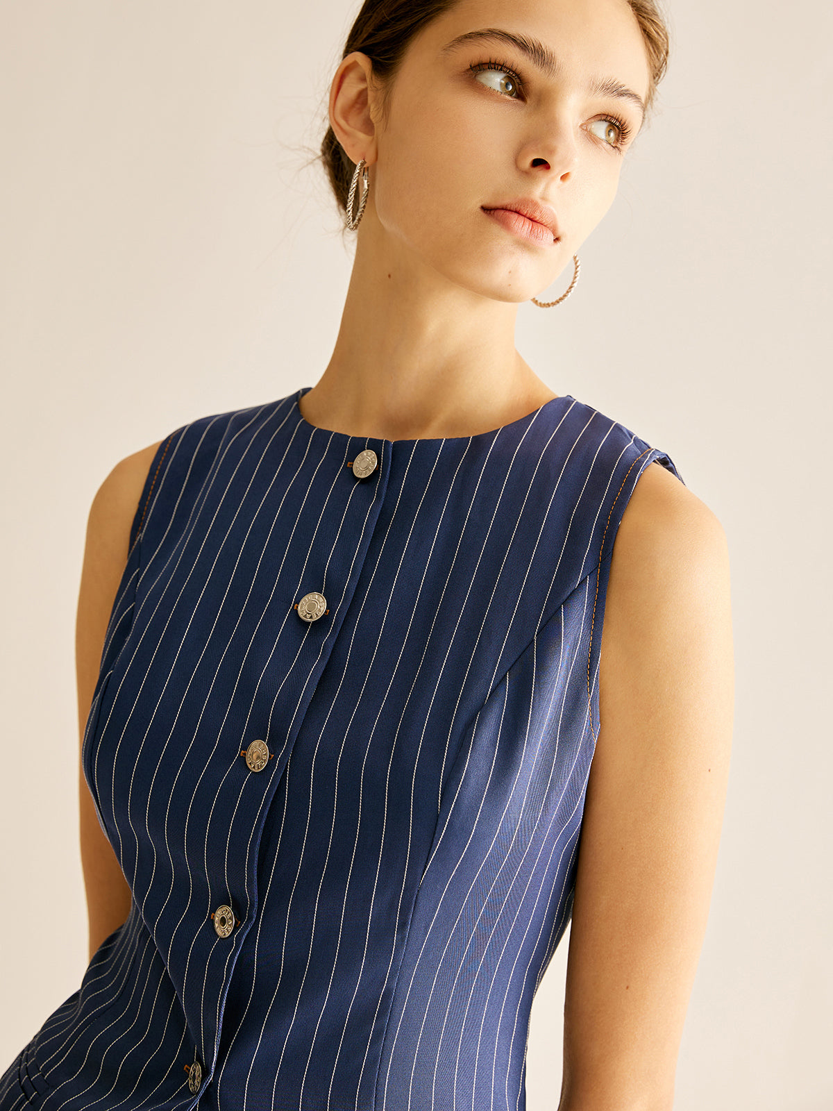 Pinstripe Button Sleeveless Shirt-Chicvia