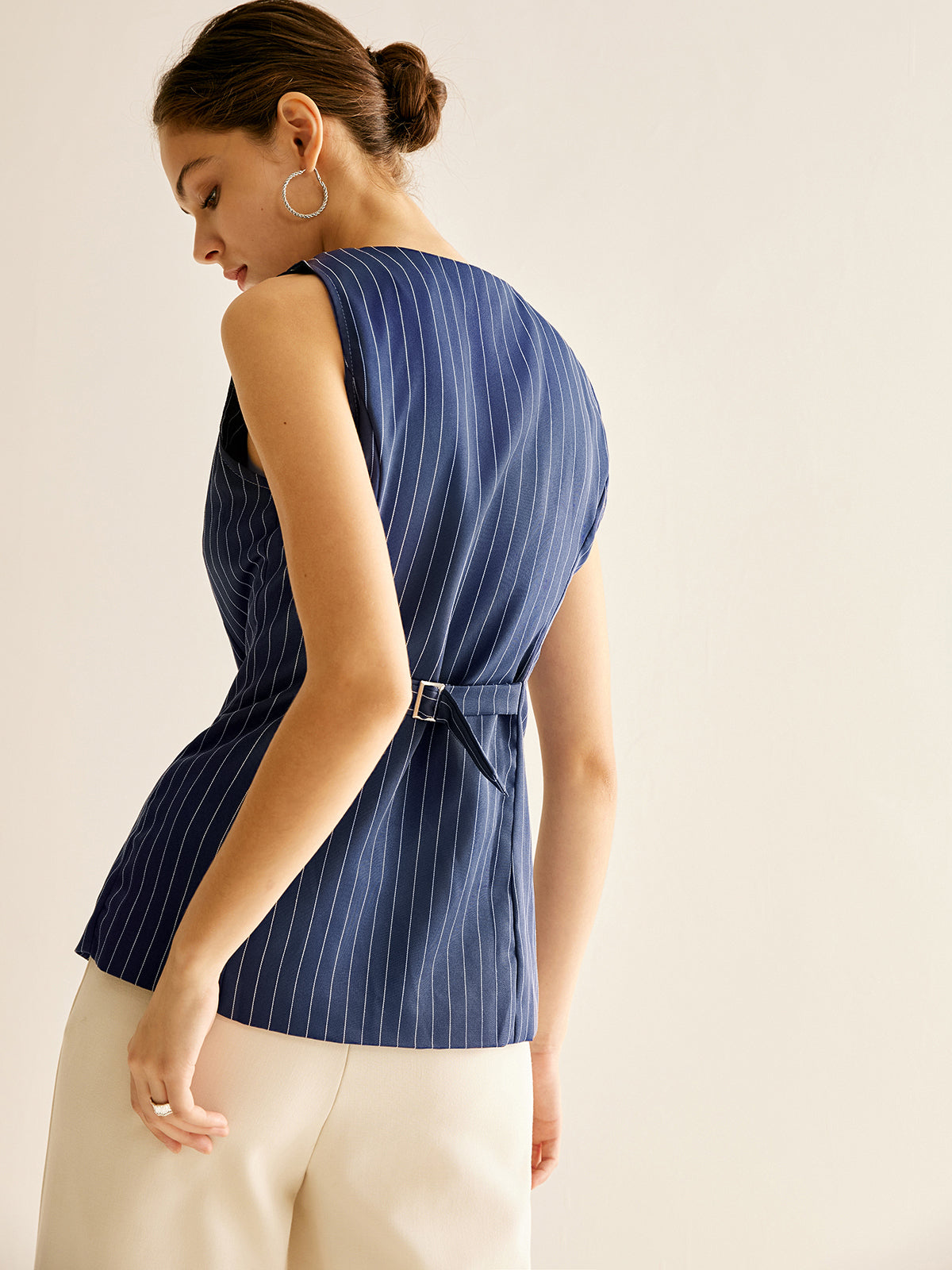 Pinstripe Button Sleeveless Shirt-Chicvia