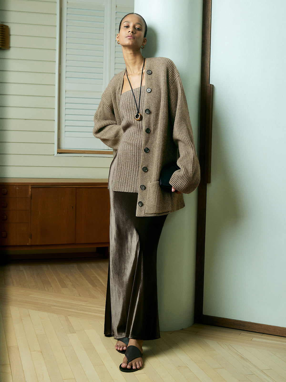 Ribbed Loose Knit Outerwear-Chicvia