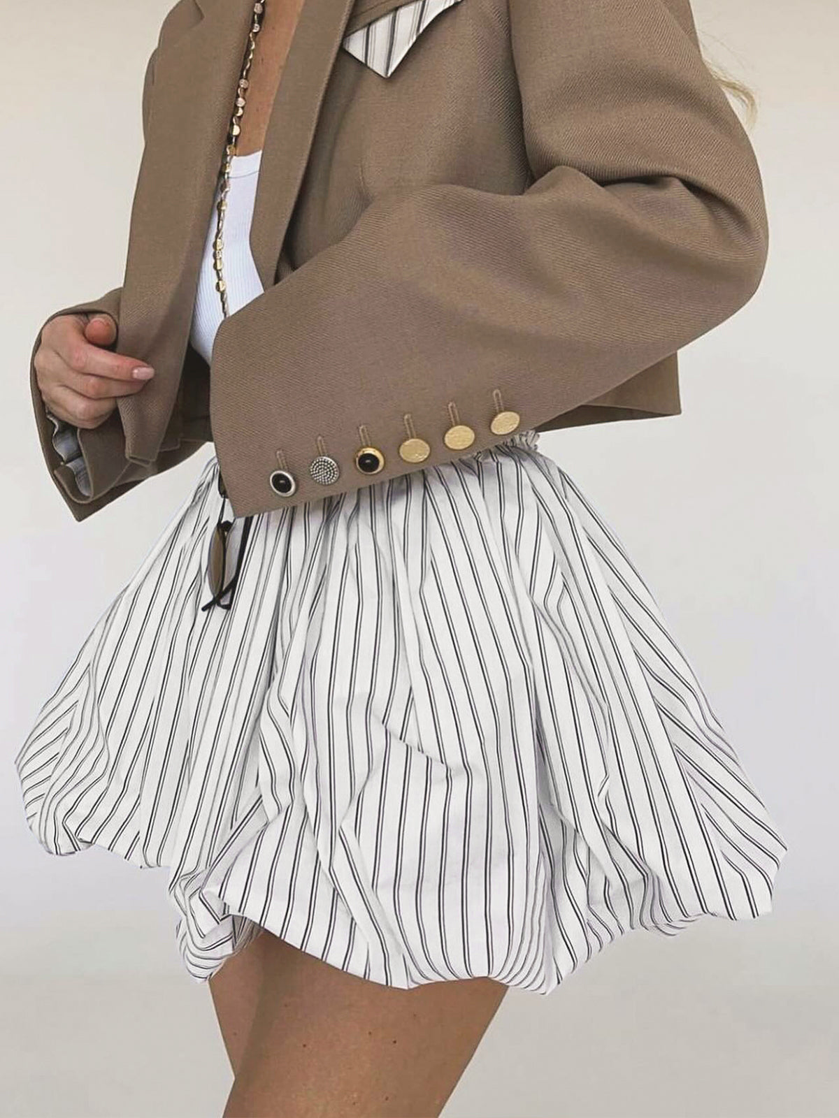 Pinstripe Elastic Waist Bubble Skirt-Chicvia