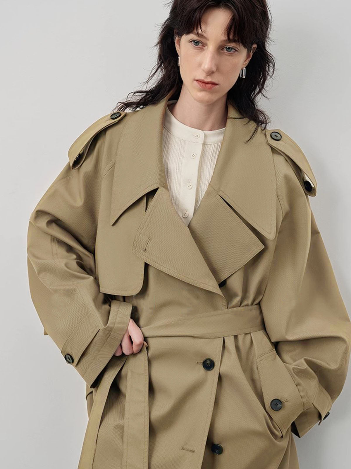 Lapel Oversized Belted Trench Coat-Chicvia