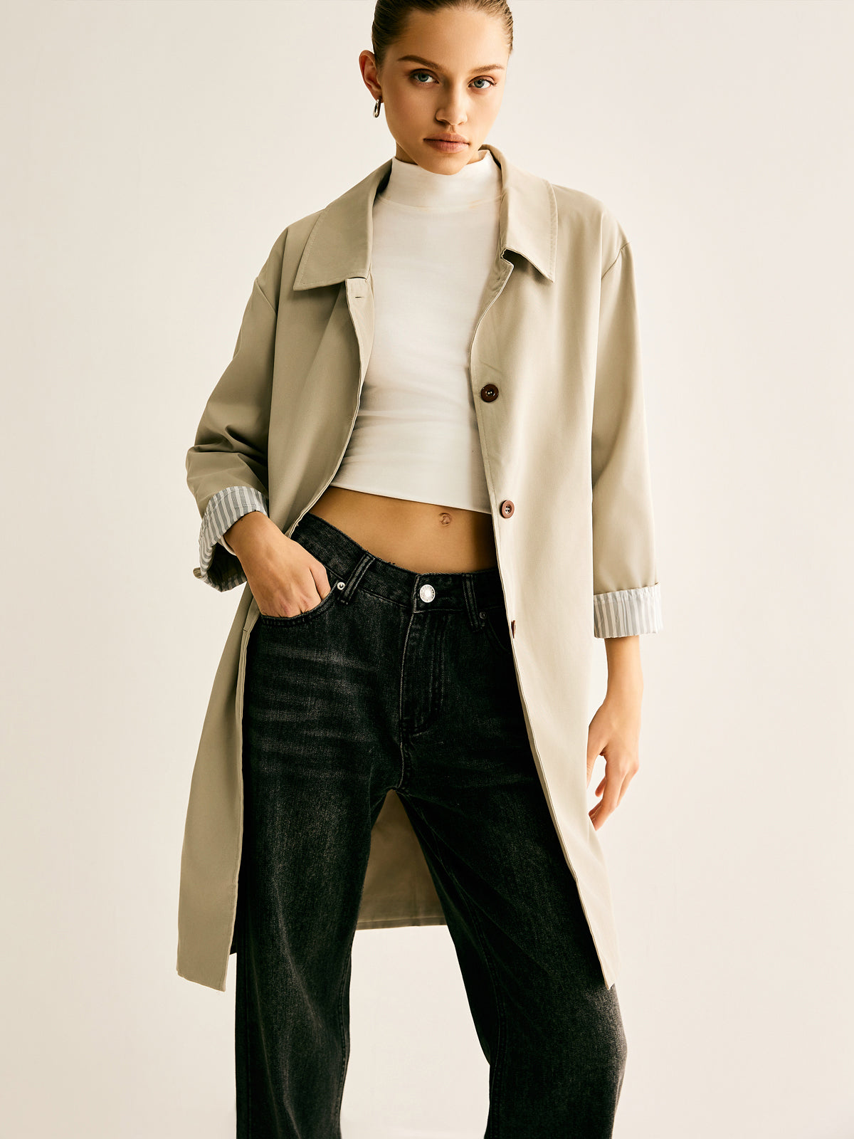 Pinstripe-Cuff Long Trench Coat-Chicvia