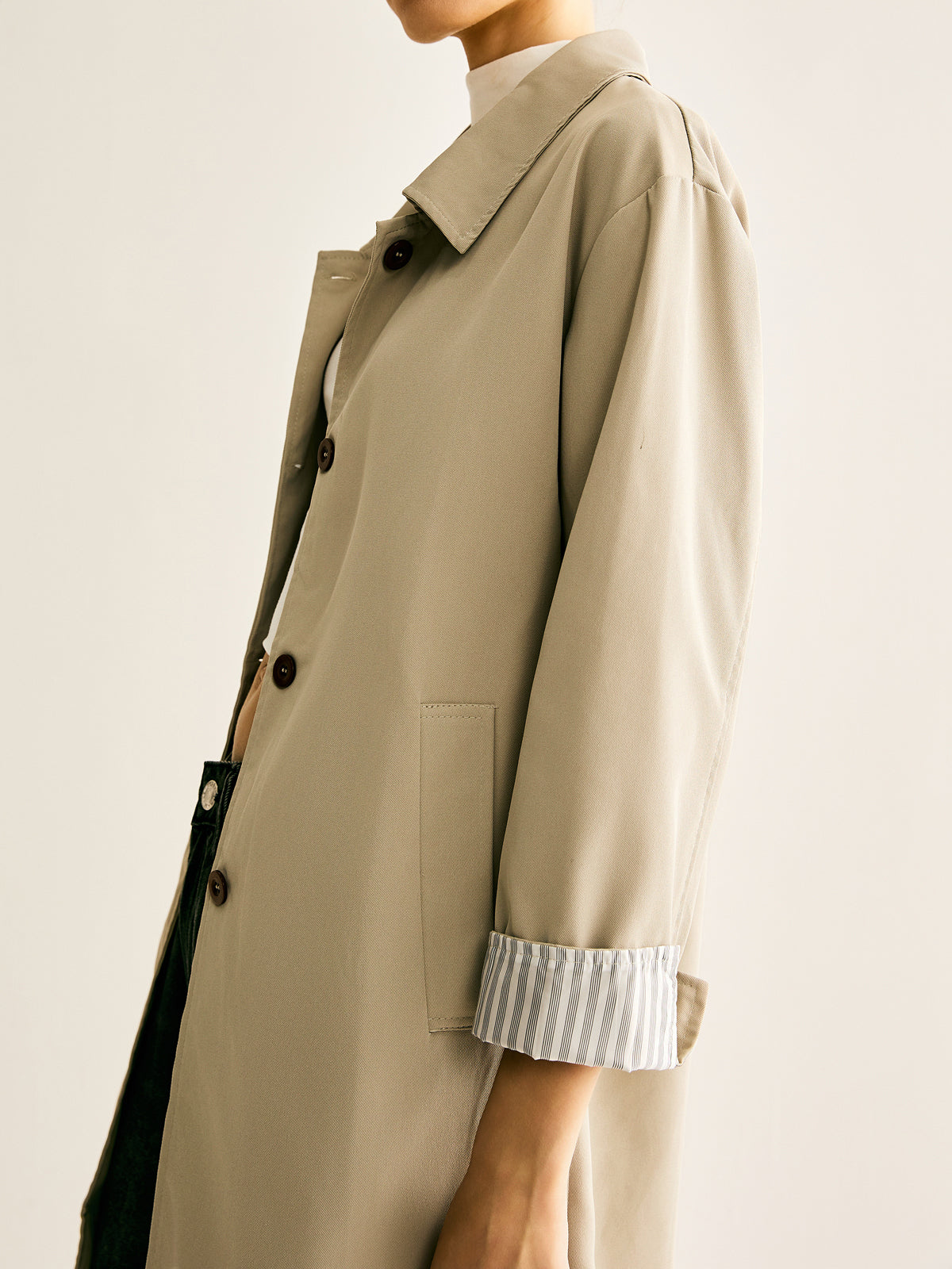 Pinstripe-Cuff Long Trench Coat-Chicvia