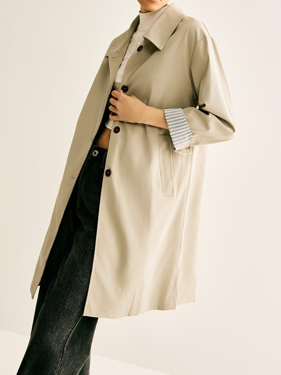 Pinstripe-Cuff Long Trench Coat-Chicvia