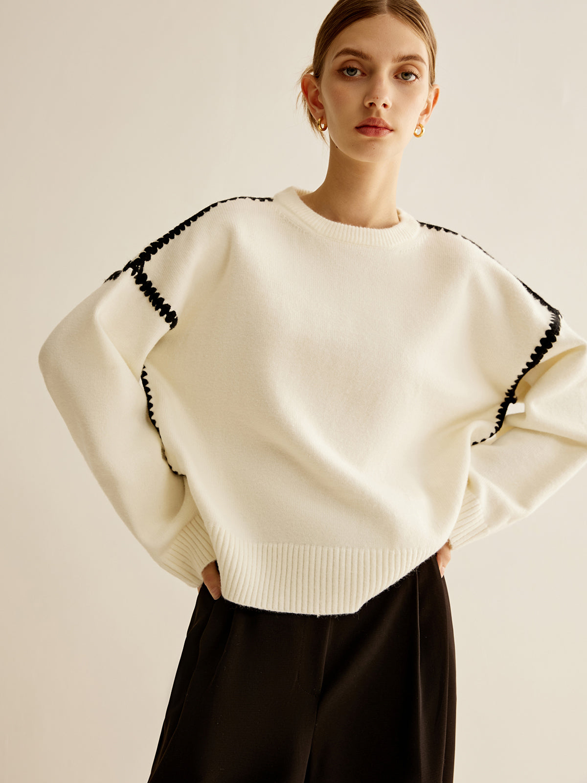 Minimalist Embroidered Trim Sweater-Chicvia