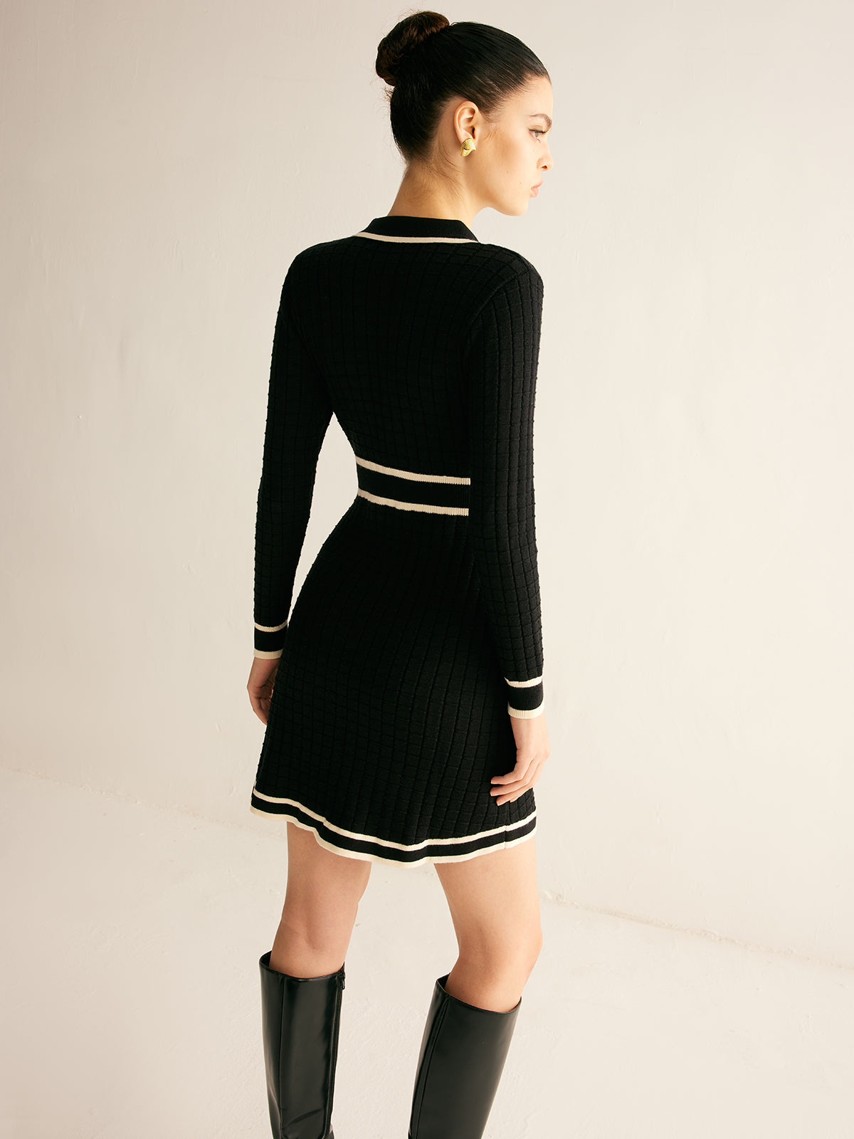 Contrast Binding Lapel Sweater Dress-Chicvia