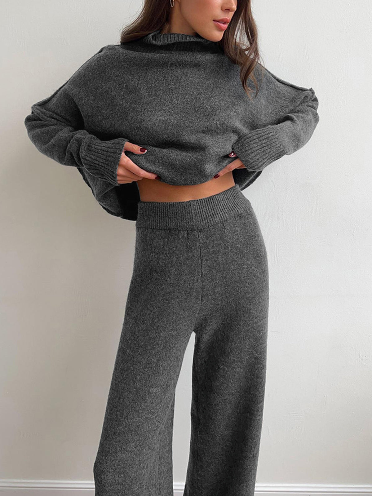 Plain Turtleneck Knit Pants Set-Chicvia