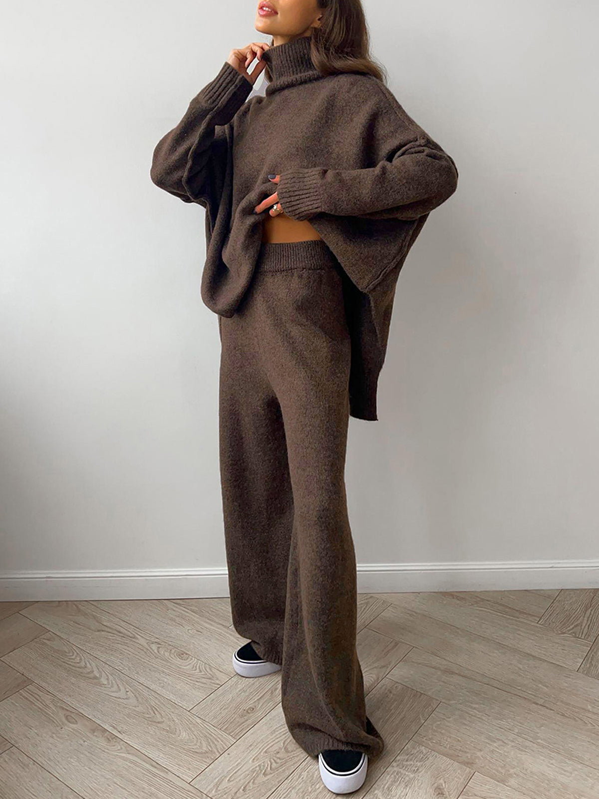 Plain Turtleneck Knit Pants Set-Chicvia