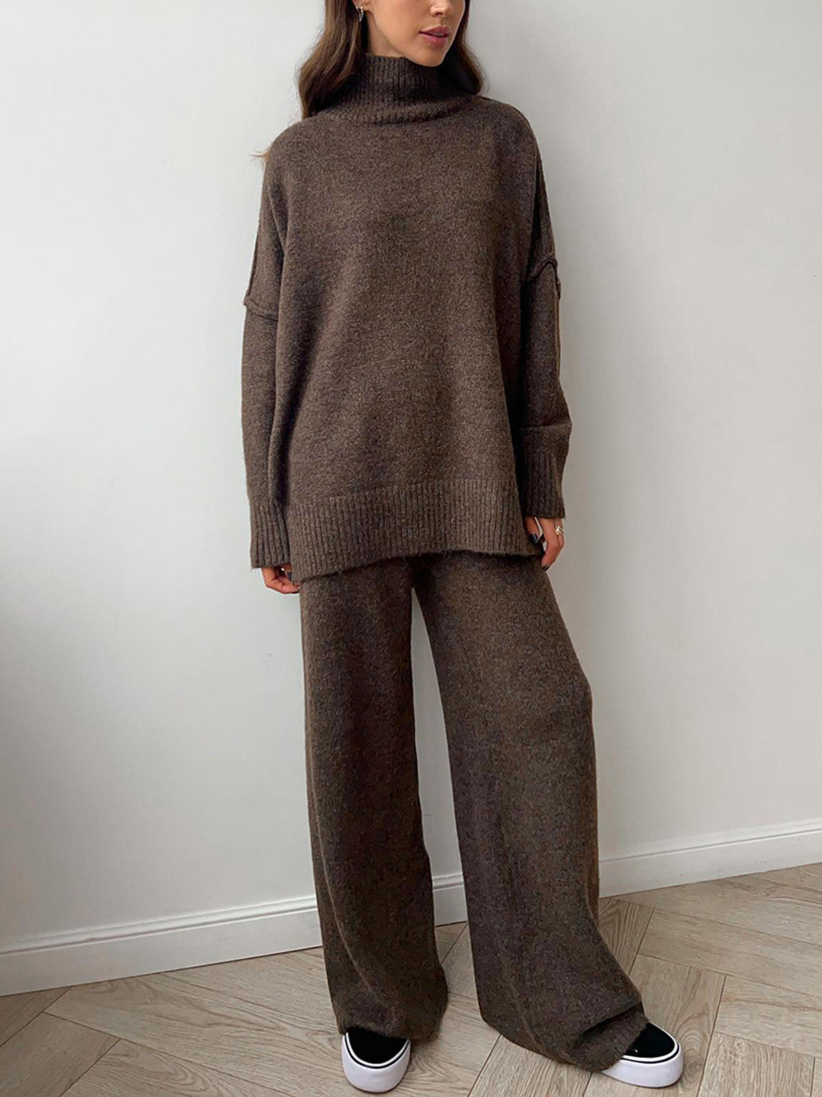 Plain Turtleneck Knit Pants Set-Chicvia