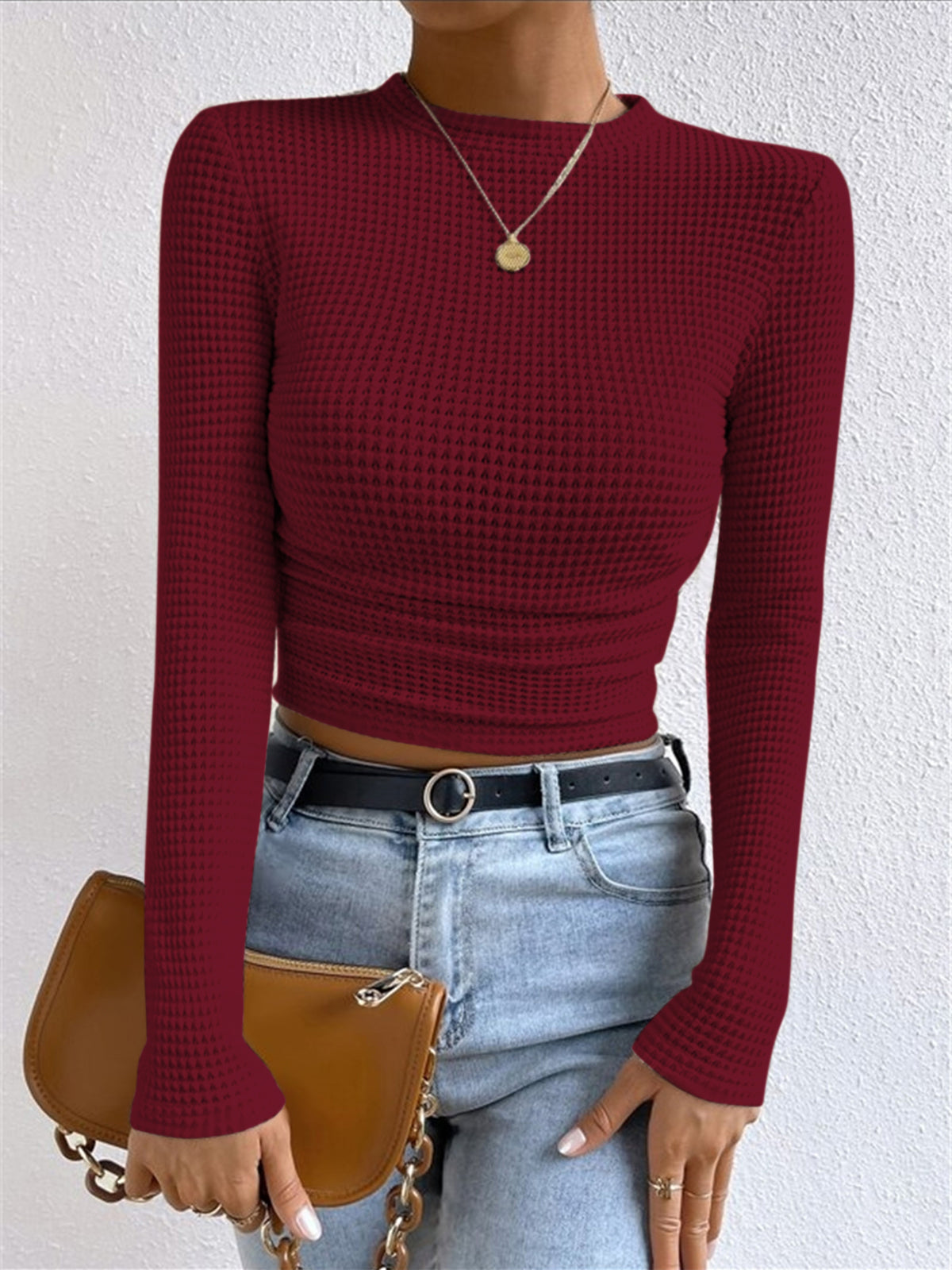 Plain Waffle Slim Sweater-Chicvia
