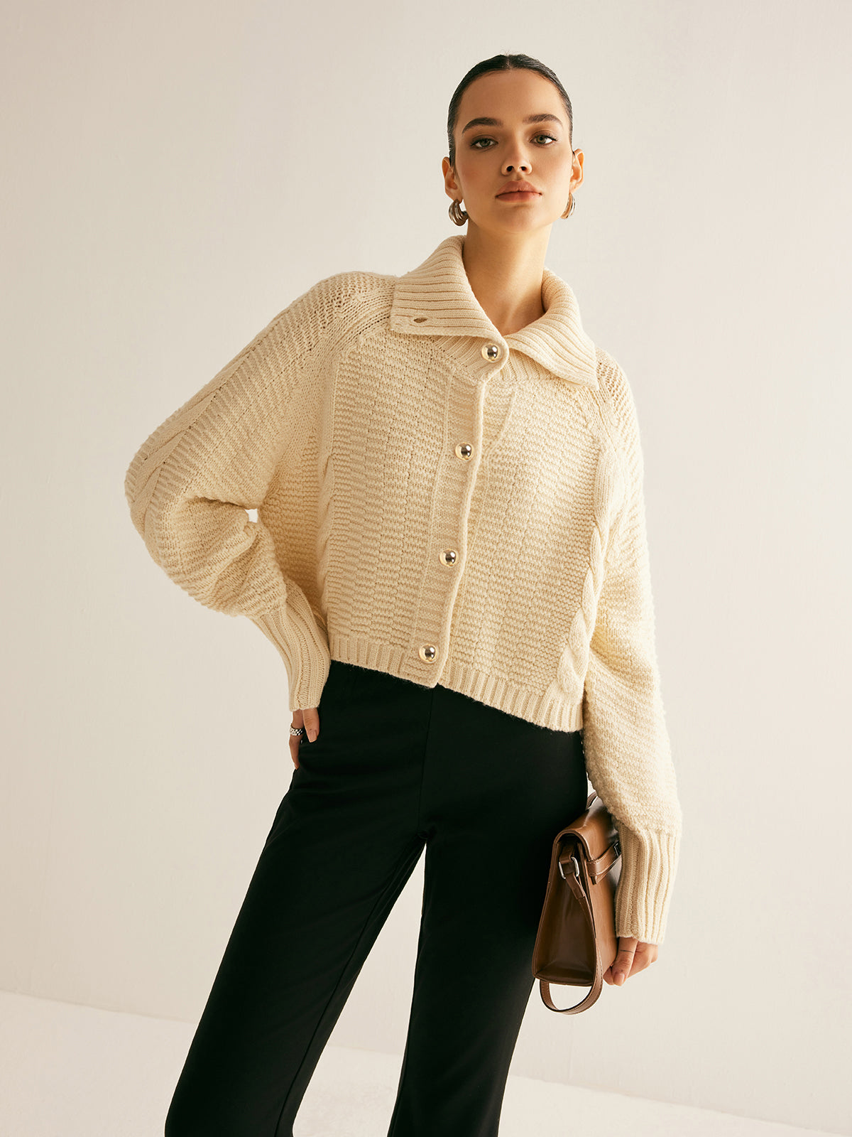 Lapel Breasted Cable-Knit Cardigan-Chicvia