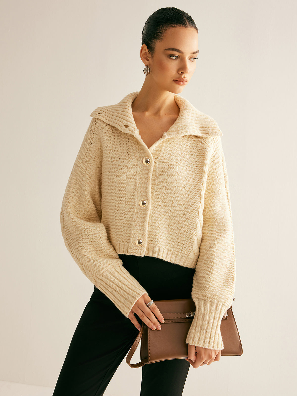 Lapel Breasted Cable-Knit Cardigan-Chicvia