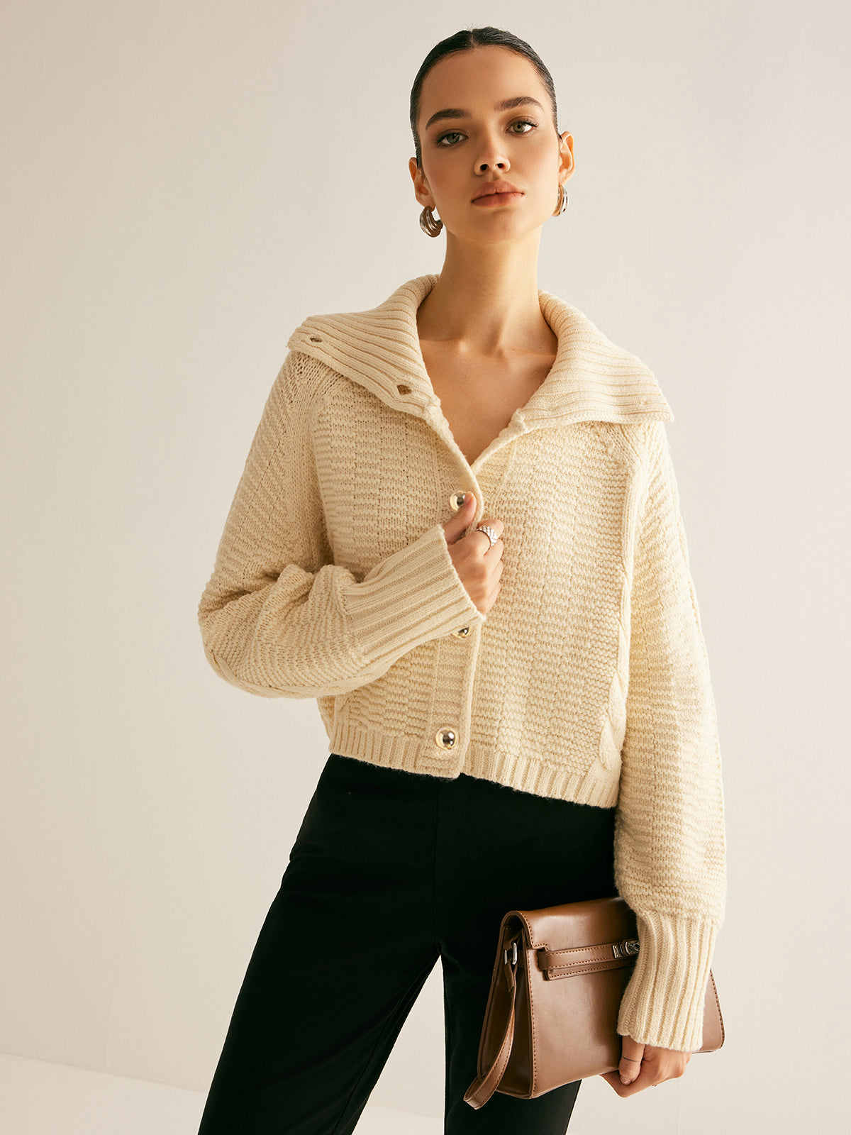 Lapel Breasted Cable-Knit Cardigan-Chicvia