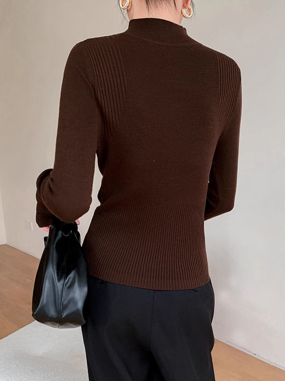 Mock Neck Breasted Slim Sweater-Chicvia