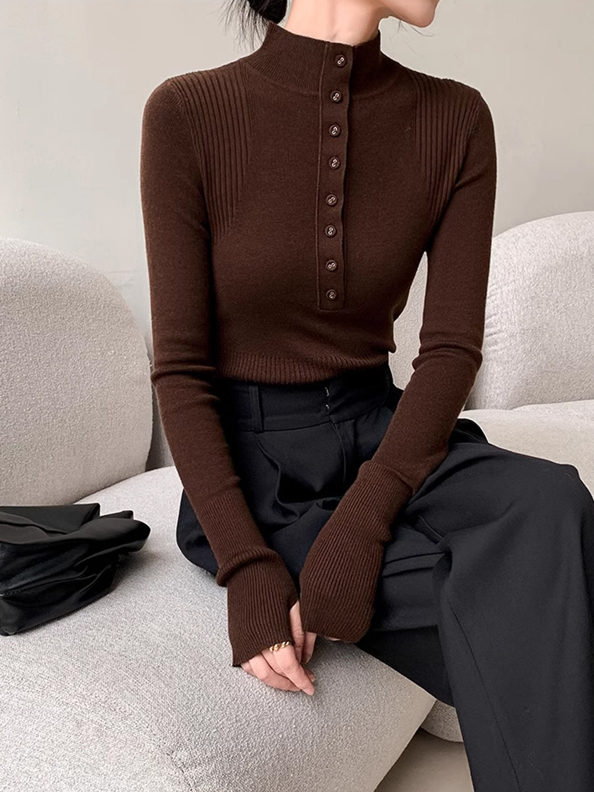 Mock Neck Breasted Slim Sweater-Chicvia