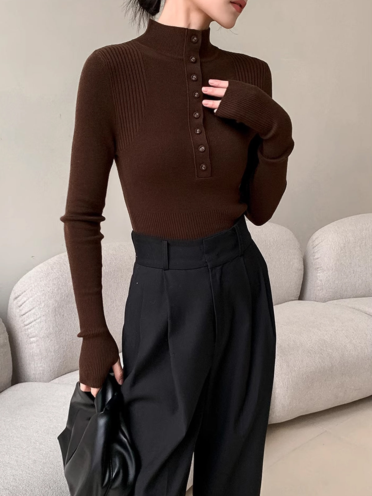 Mock Neck Breasted Slim Sweater-Chicvia